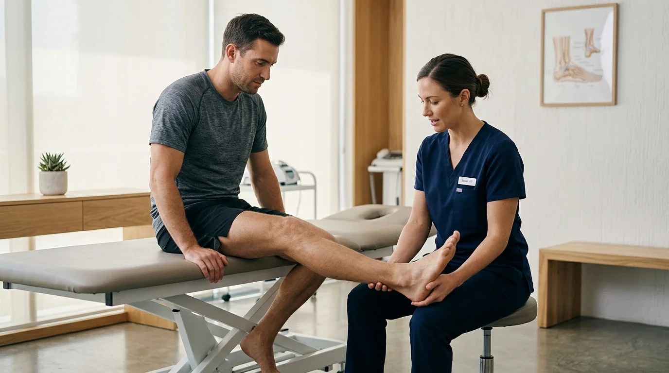 Physiocare physiotherapist performing manual foot and ankle therapy for ankle spur treatment in Dubai