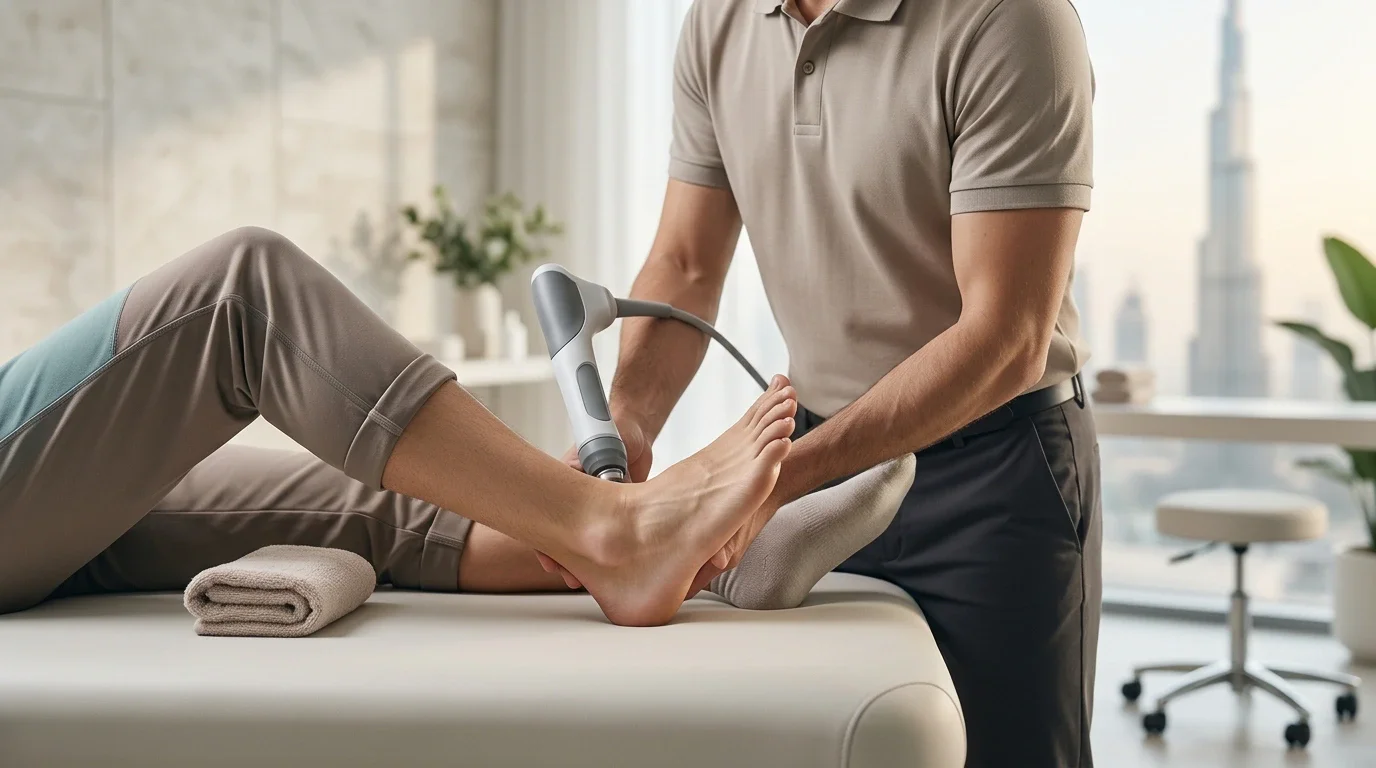 Professional physiotherapist performing shockwave therapy for an ankle spur at Physiocare Dubai