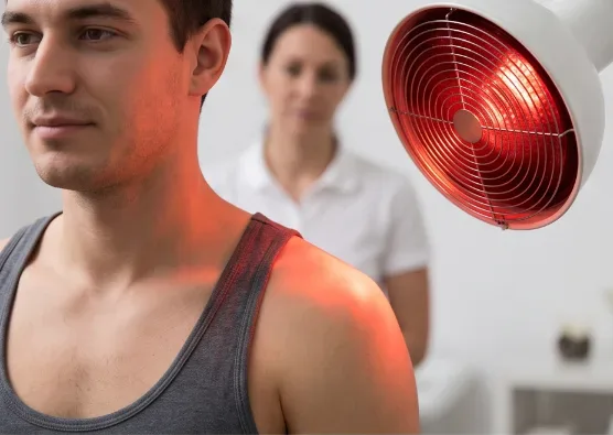 Infrared radiation therapy lamp delivering therapeutic heat during an IRR therapy session at Physio Care Dubai