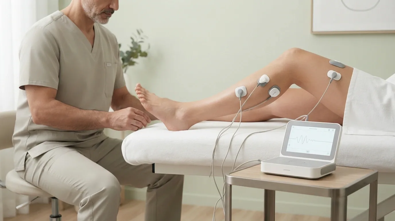 Close-up of biofeedback sensors on a patient's arm connected to a monitoring device at Physio Care Dubai