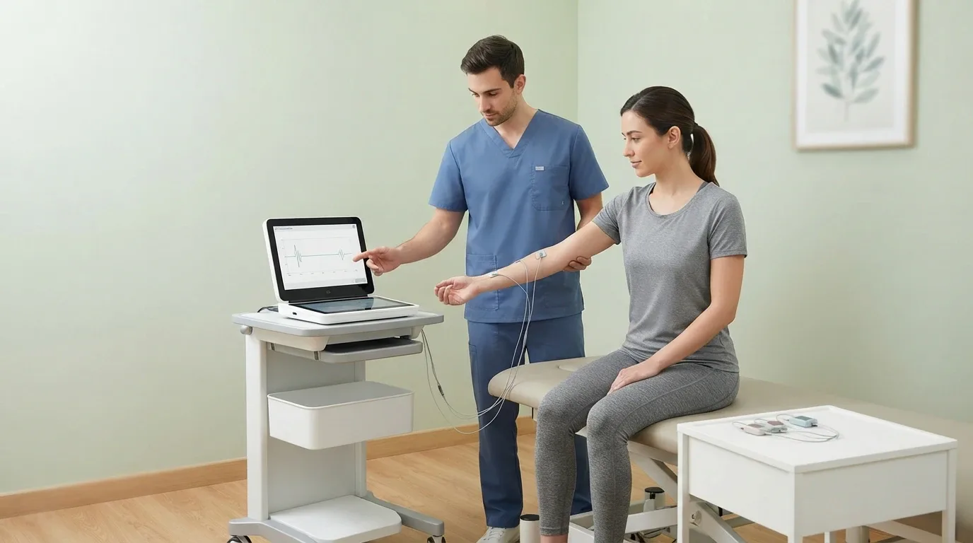 Healthcare professional demonstrating a biofeedback therapy monitor to a patient with sensors at Physio Care Dubai