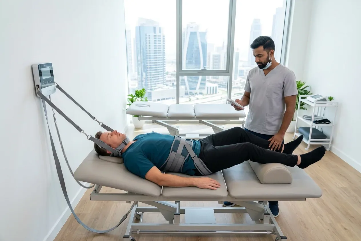 Patient receiving cervical and lumbar traction therapy while a physiotherapist monitors the equipment in a Dubai clinic