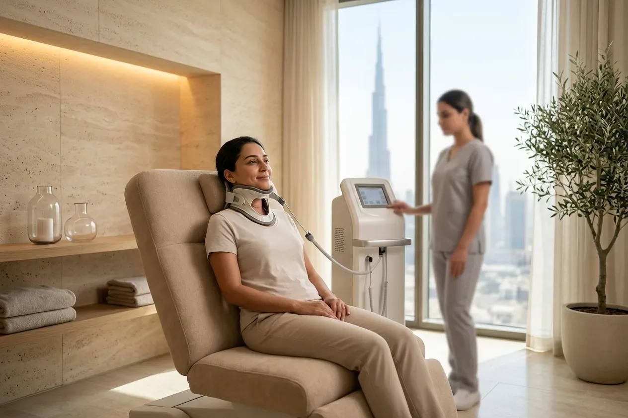 Female patient receiving cervical traction therapy at a physiotherapy clinic in Dubai with Burj Khalifa view