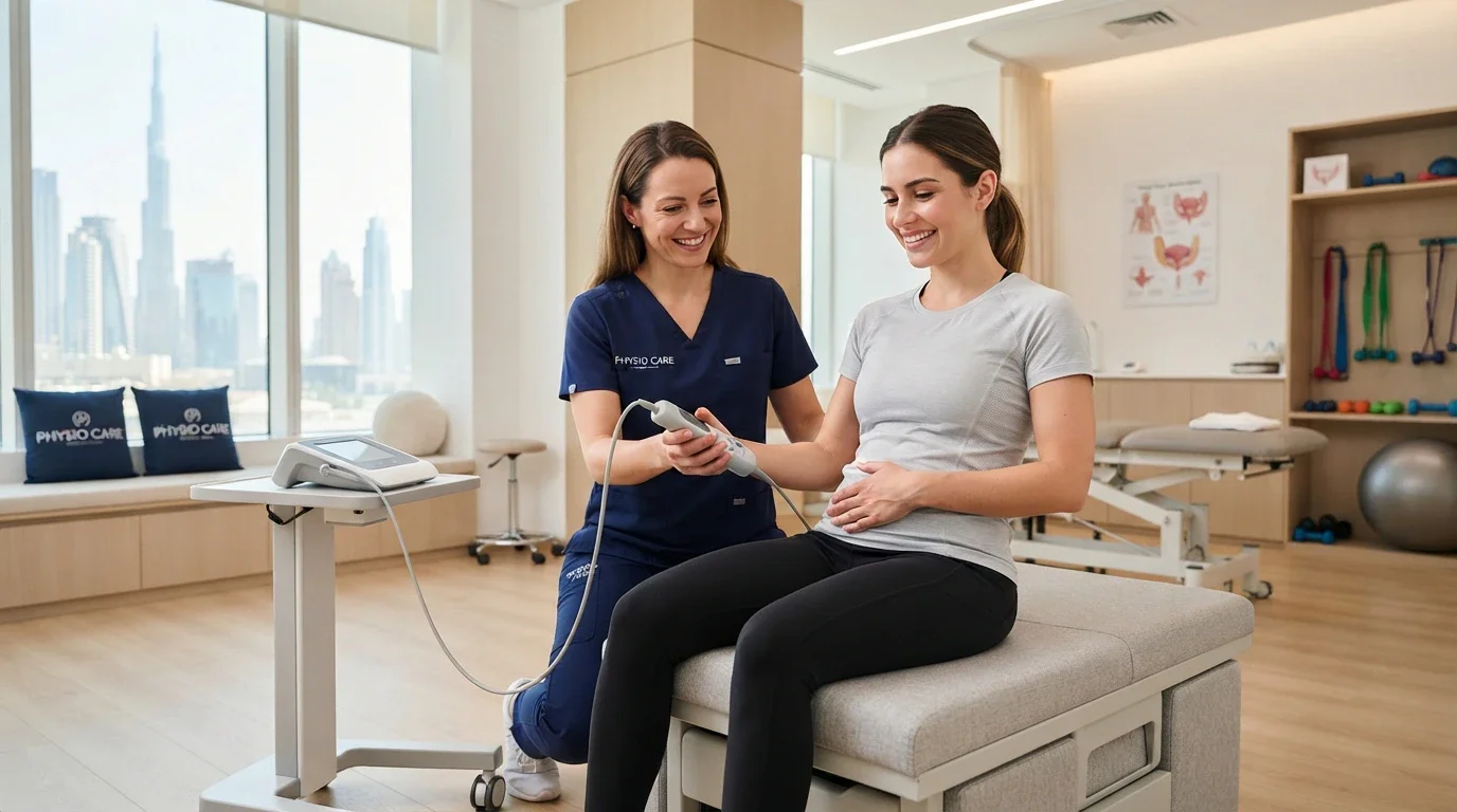 Physiotherapist at Physio Care Dubai demonstrating Pelvic Floor Mechanotherapy (Flyte therapy) to a patient with Dubai skyline view