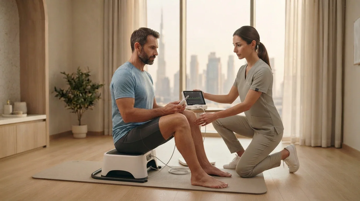 Pelvic floor mechanotherapy session at Physio Care Dubai with therapist guiding a patient using biofeedback equipment