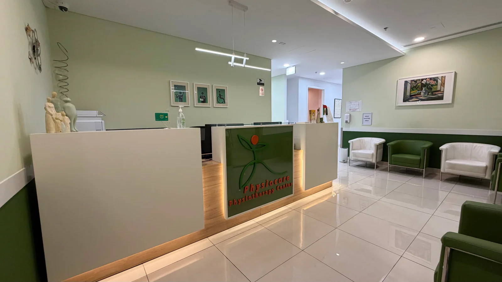Modern reception and waiting area of Physiocare Physiotherapy Center in Dubai