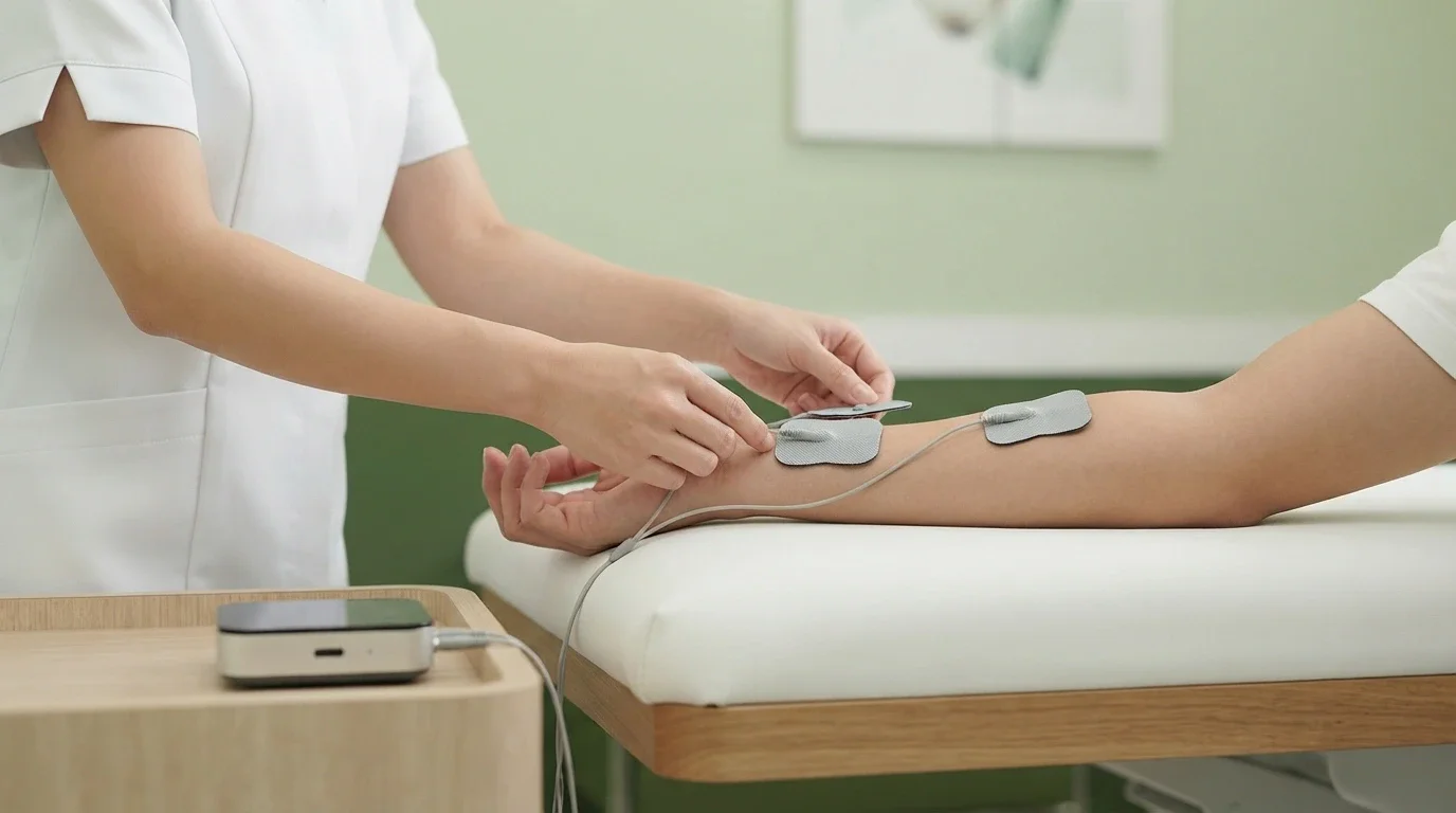 Physiotherapist applying electrode pads to a patient's forearm for interferential therapy (IFT) at Physio Care Dubai