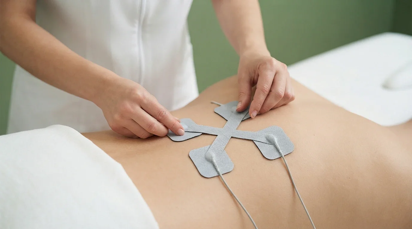 Physiotherapist placing four IFT electrodes in a cross pattern on a patient's lower back during an interferential therapy session at Physio Care Dubai