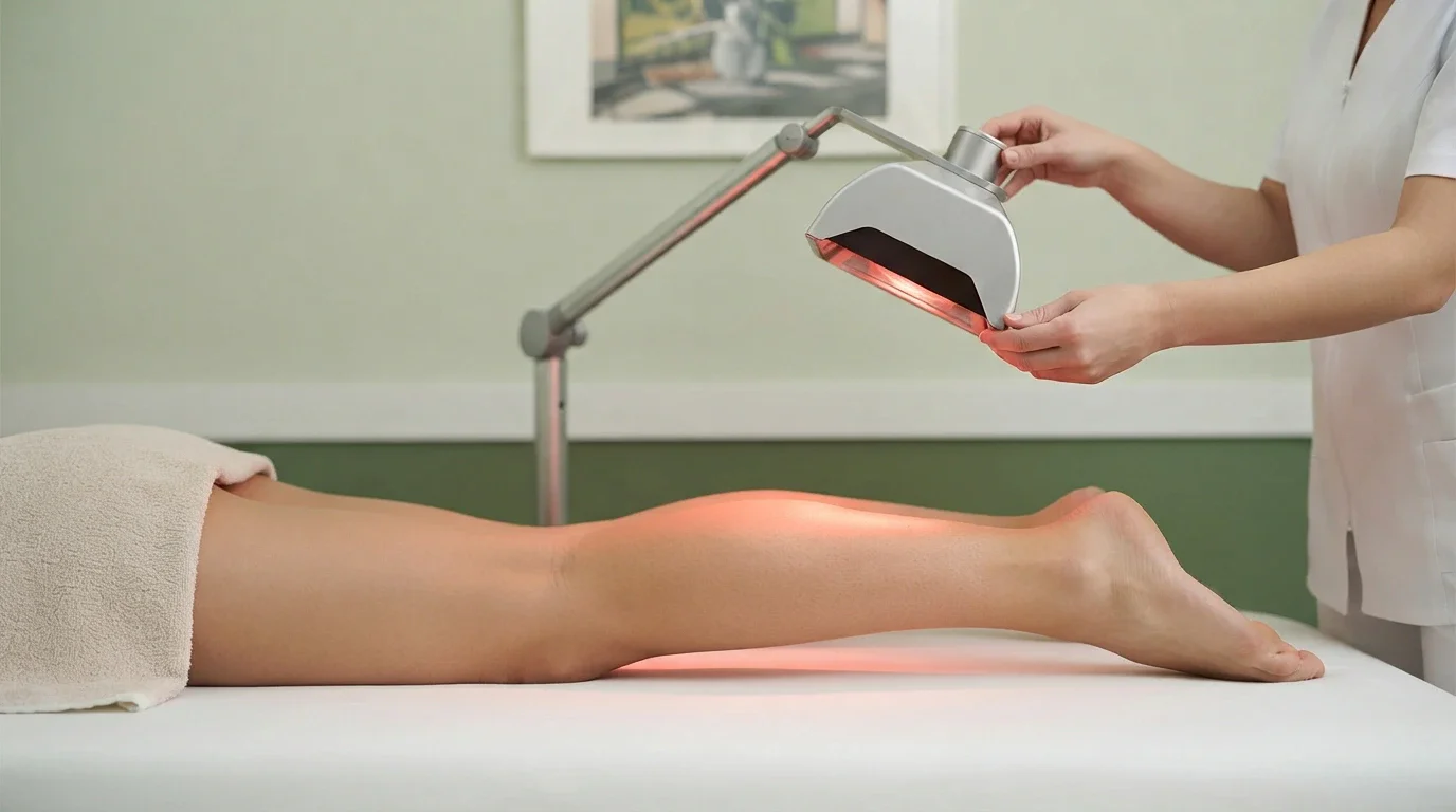Physiotherapist applying infrared radiation (IRR) therapy to a patient's calf with a medical infrared lamp at Physio Care Dubai
