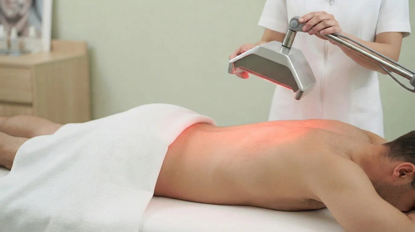 Physiotherapist applying infrared radiation (IRR) therapy to a patient's back with a specialized red light lamp at Physio Care Dubai
