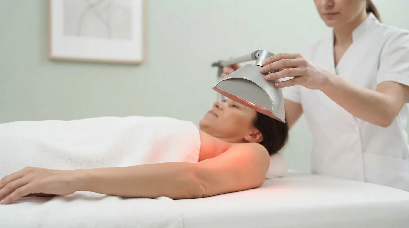 Physiotherapist applying infrared radiation (IRR) therapy to a patient's shoulder with a medical infrared lamp at Physio Care Dubai