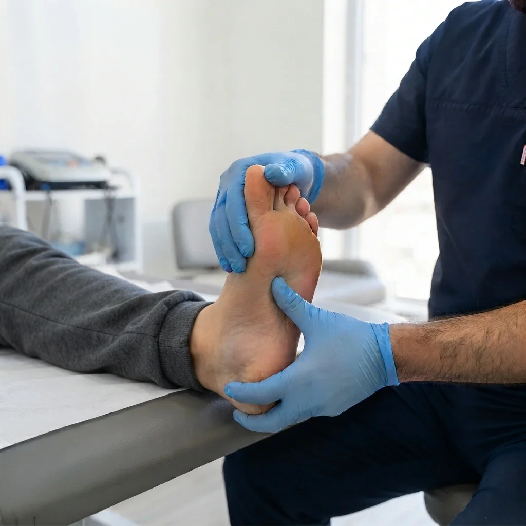 Physiotherapist at Physio Care performing manual therapy on a patient's foot for plantar fasciitis