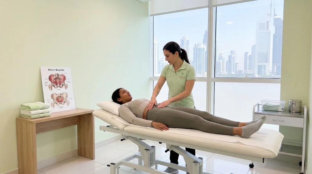 Female physiotherapist performing a women's health pelvic floor assessment on a patient at Physiocare Dubai