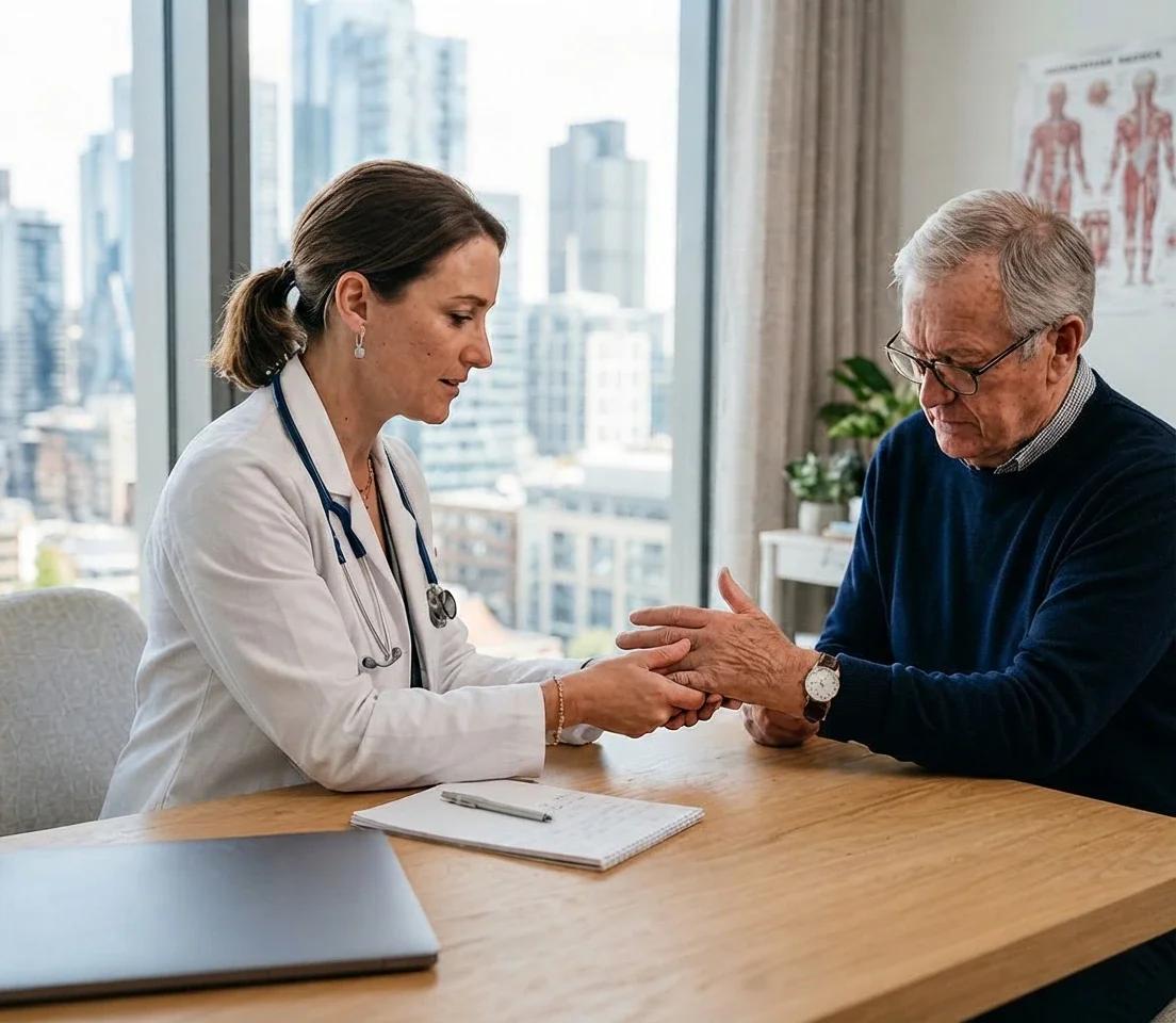 Physiotherapist examining a senior patient's hands for arthritis at Physio Care Dubai