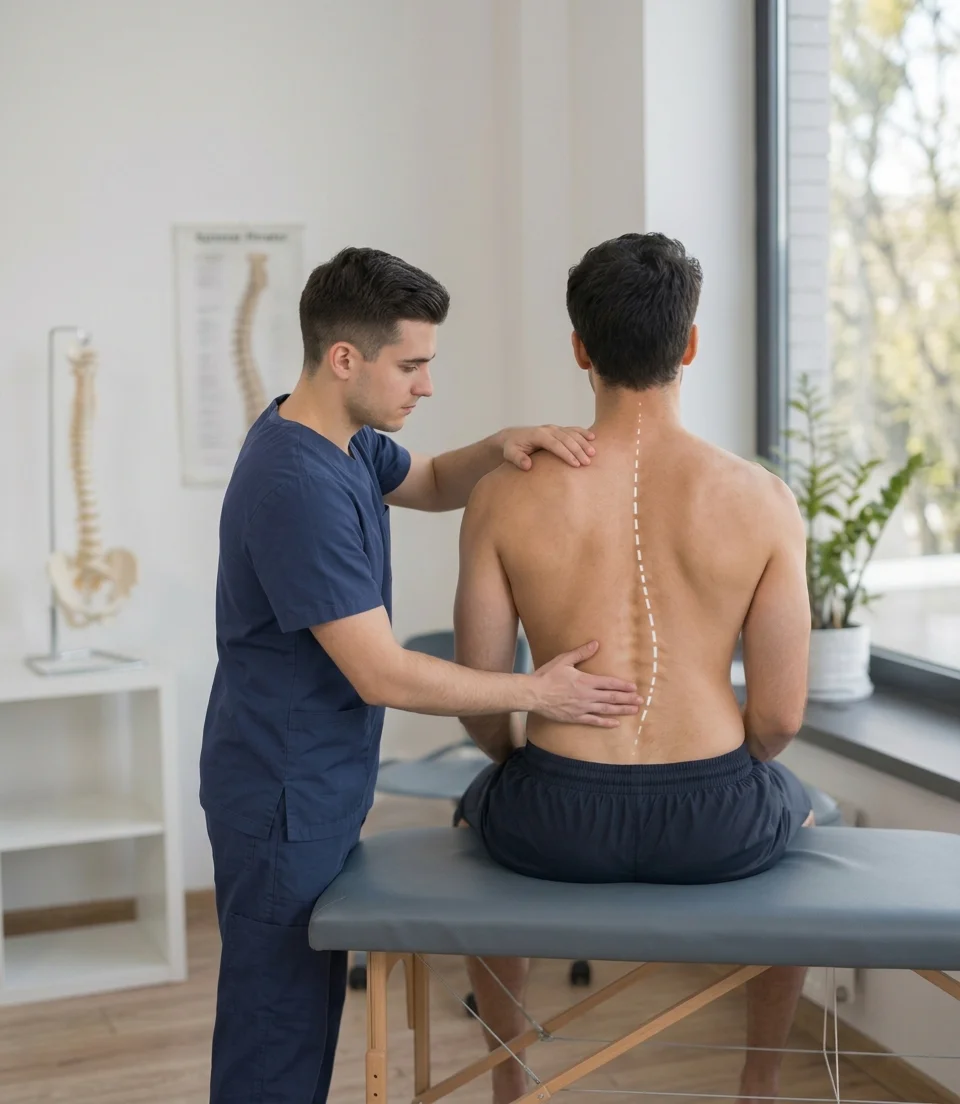 Physiotherapist examining a patient's spine for scoliosis curvature at Physio Care Dubai