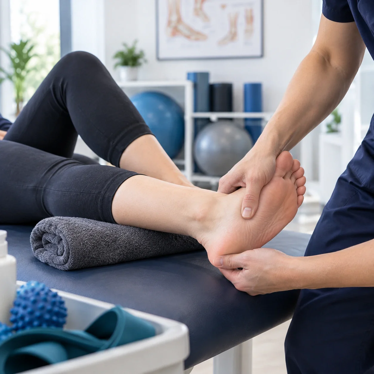 A patient in a physiotherapy clinic holding a painful heel, with a medical illustration showing plantar fascia inflammation