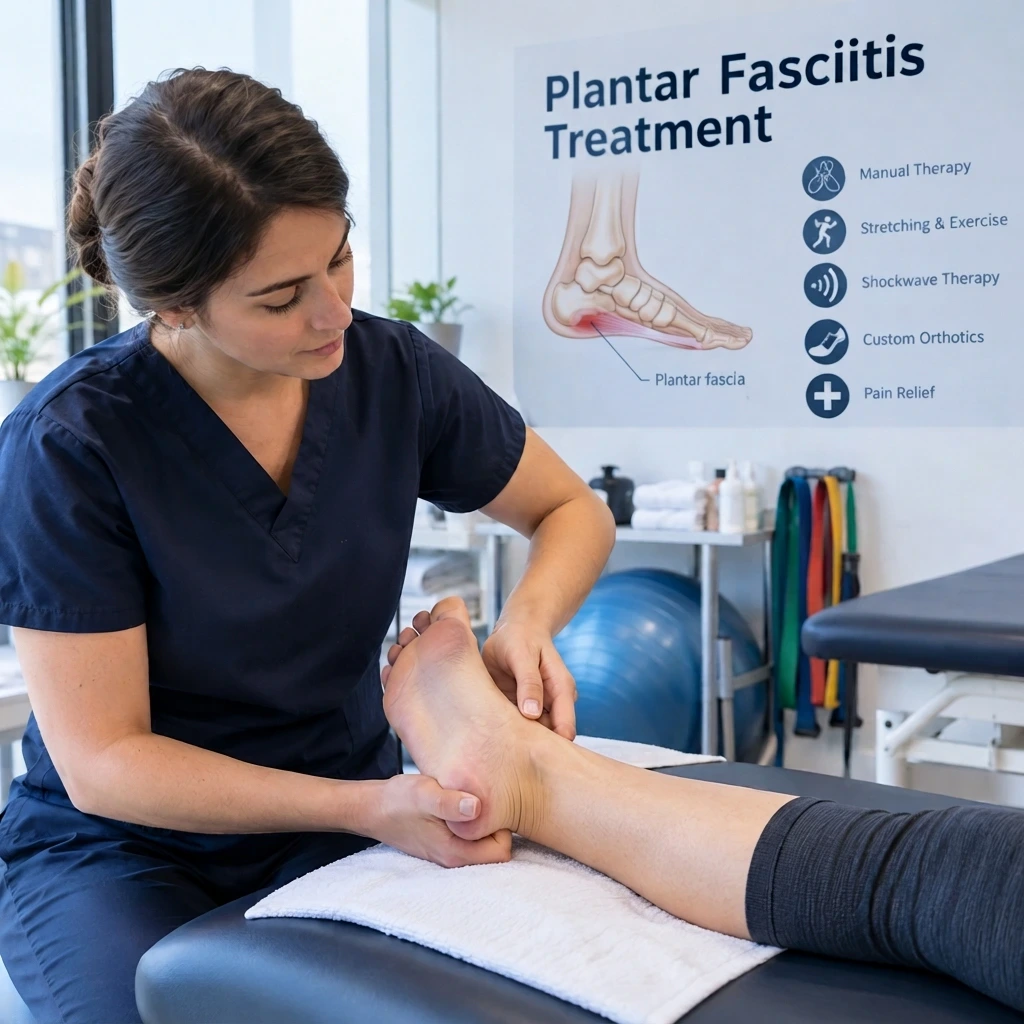 A professional physiotherapist performing manual therapy and massage on a patient's foot and heel to treat plantar fasciitis in a bright clinic setting