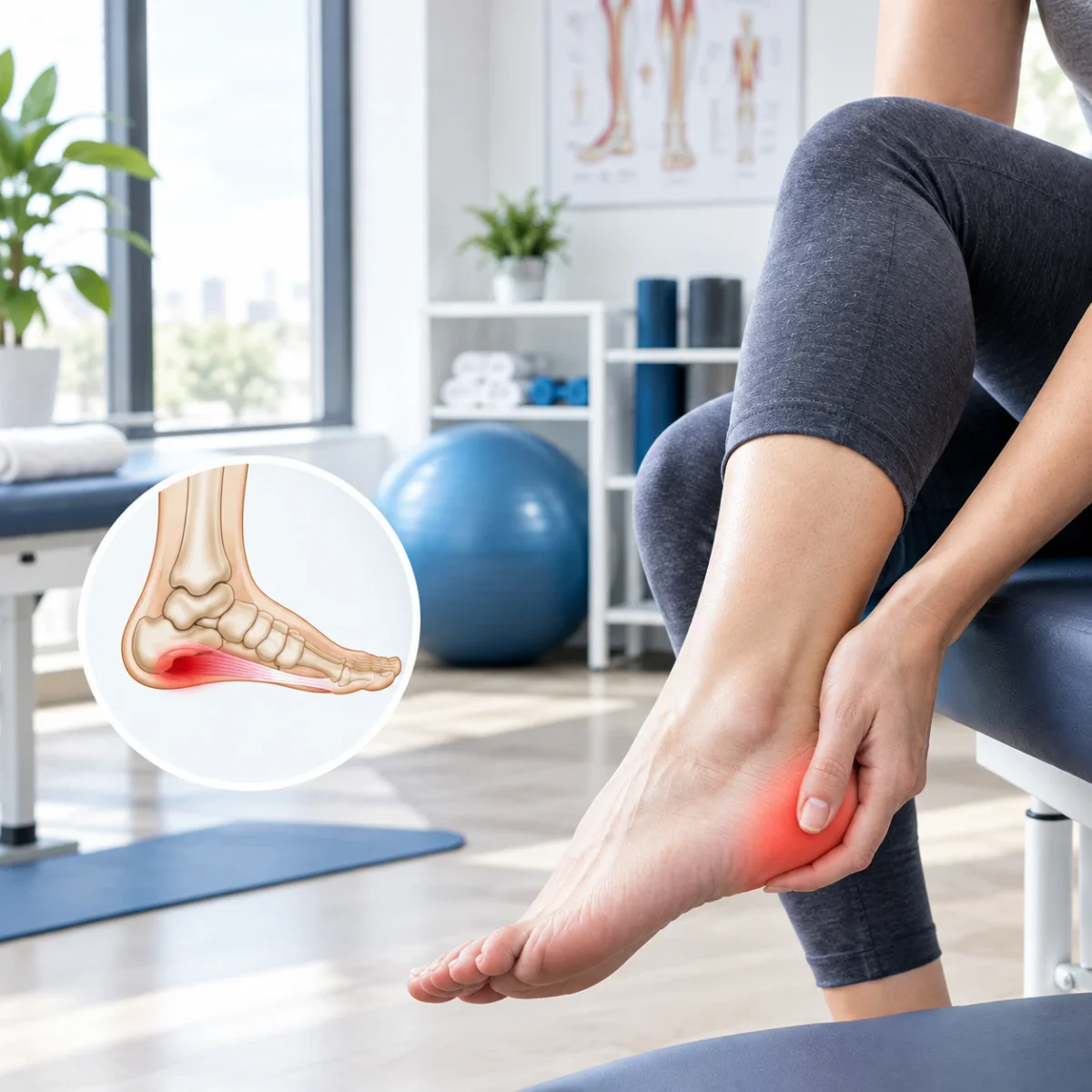 Professional physical therapist performing manual foot therapy for a patient with plantar fasciitis in a clinic setting