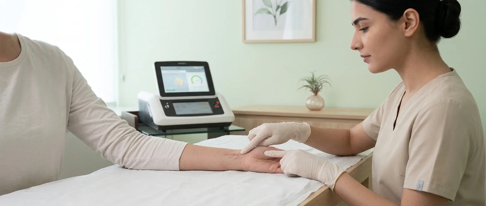 Physiotherapist assessing a surgical scar on a patient's forearm during scar management consultation at Physiocare Dubai