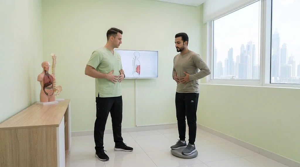 Physiotherapist conducting a scar physiotherapy assessment at Physiocare Dubai clinic