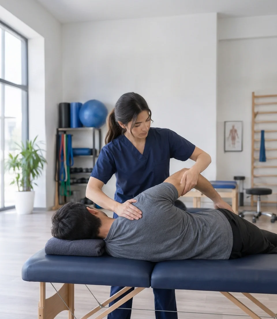 Physiotherapist assessing a patient's back with a scoliosis spinal overlay at Physio Care Dubai