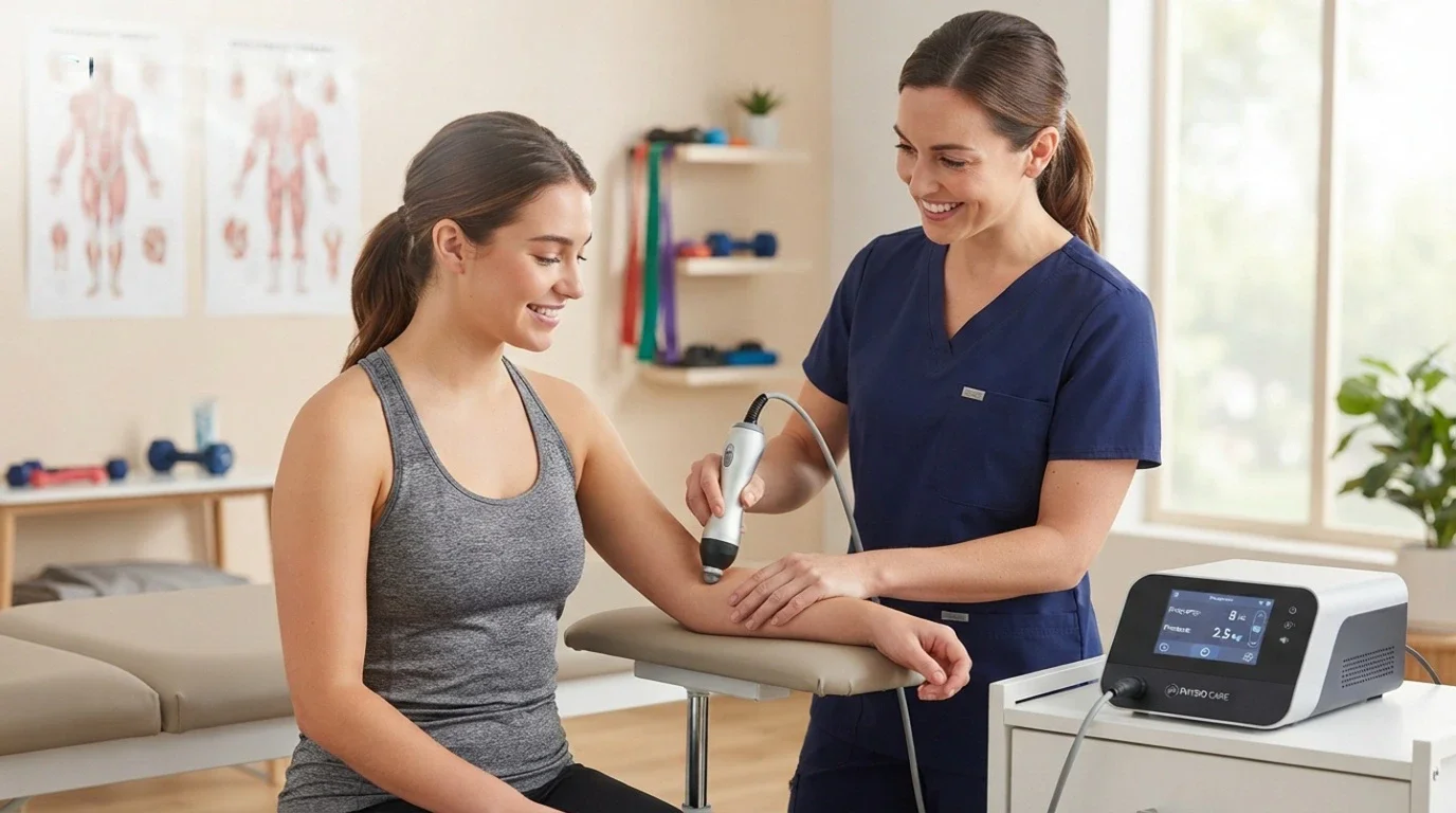 Physiotherapist at Physio Care applying shockwave therapy to a patient's forearm for tennis elbow