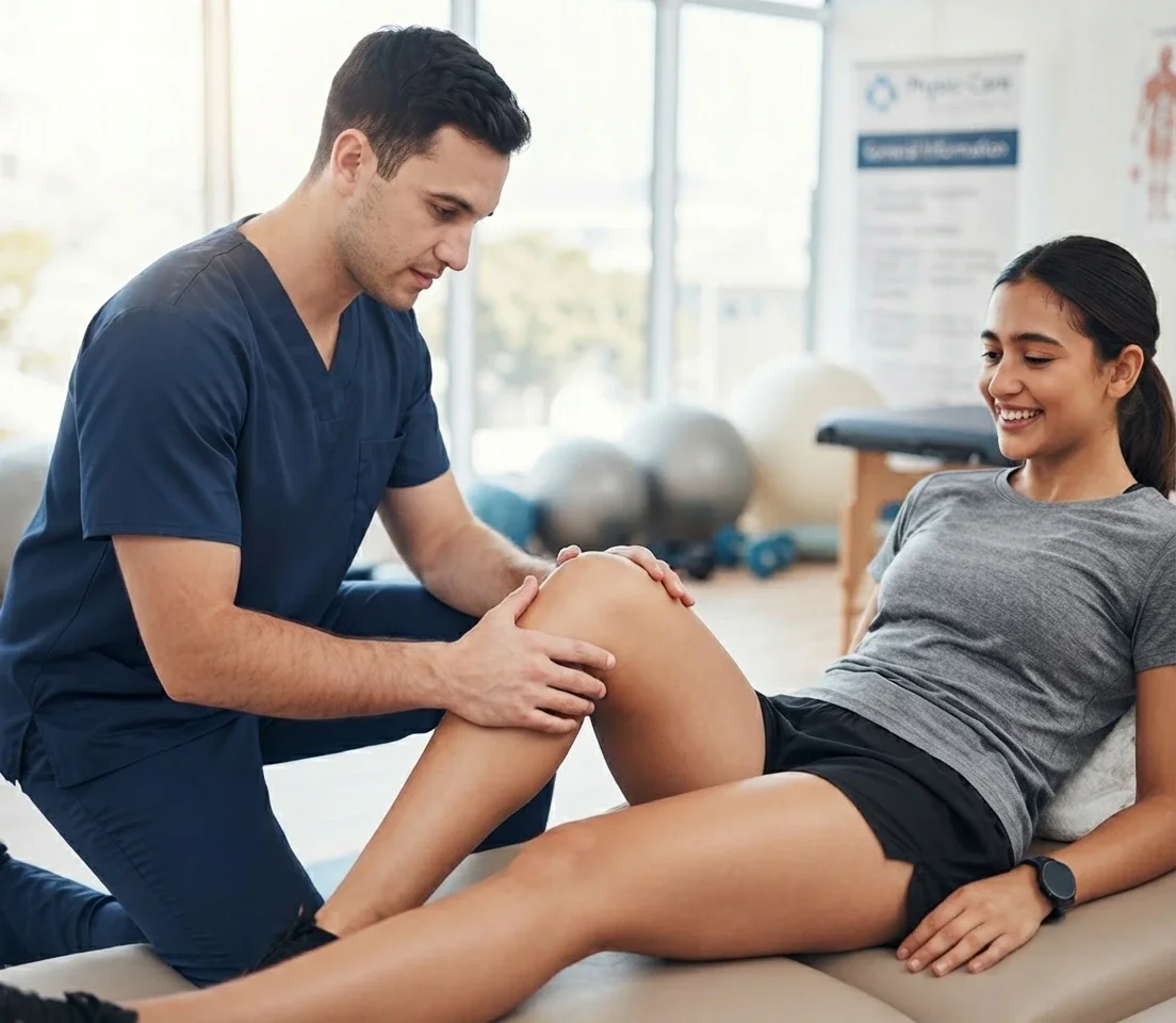 Physiotherapist in blue scrubs performing a knee assessment on a smiling patient at Physio Care Dubai