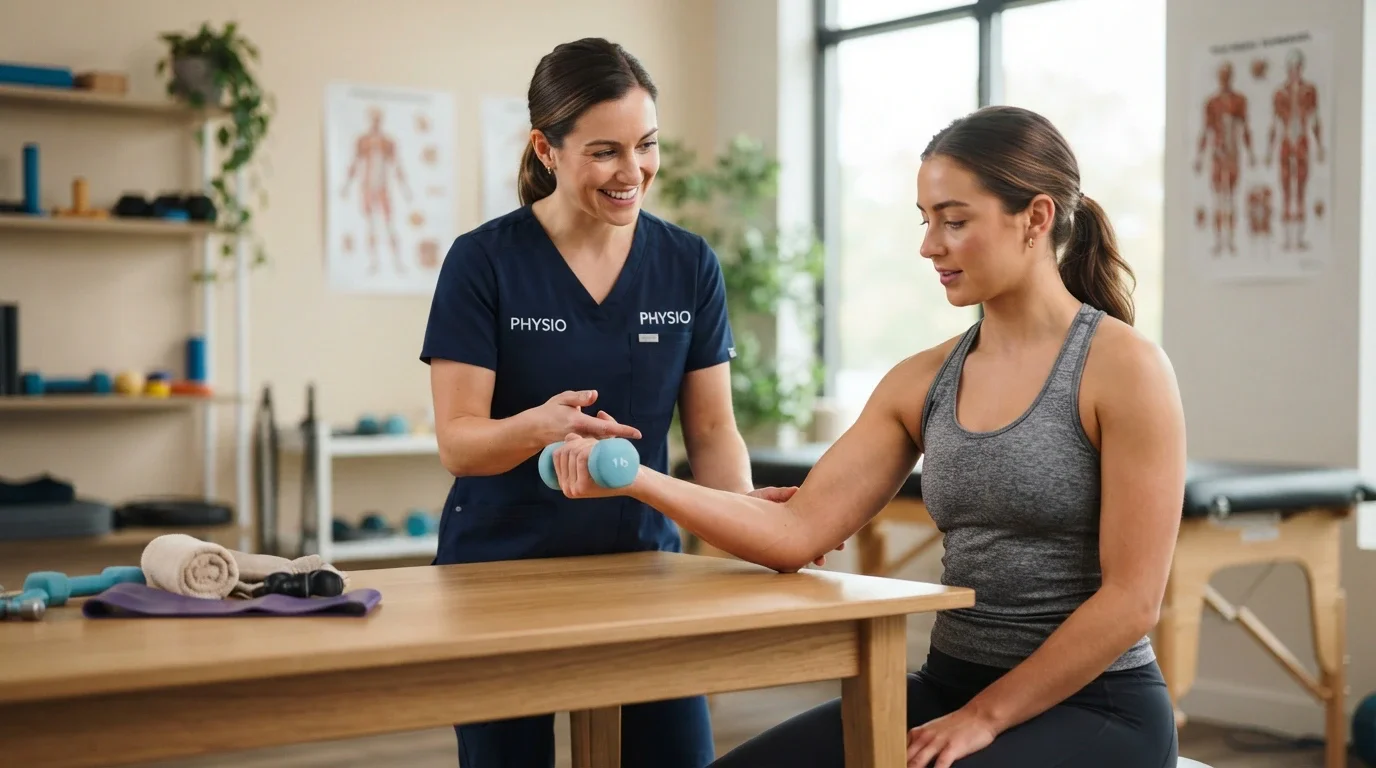 Physiotherapist at Physio Care guiding a patient through therapeutic dumbbell exercises for tennis elbow