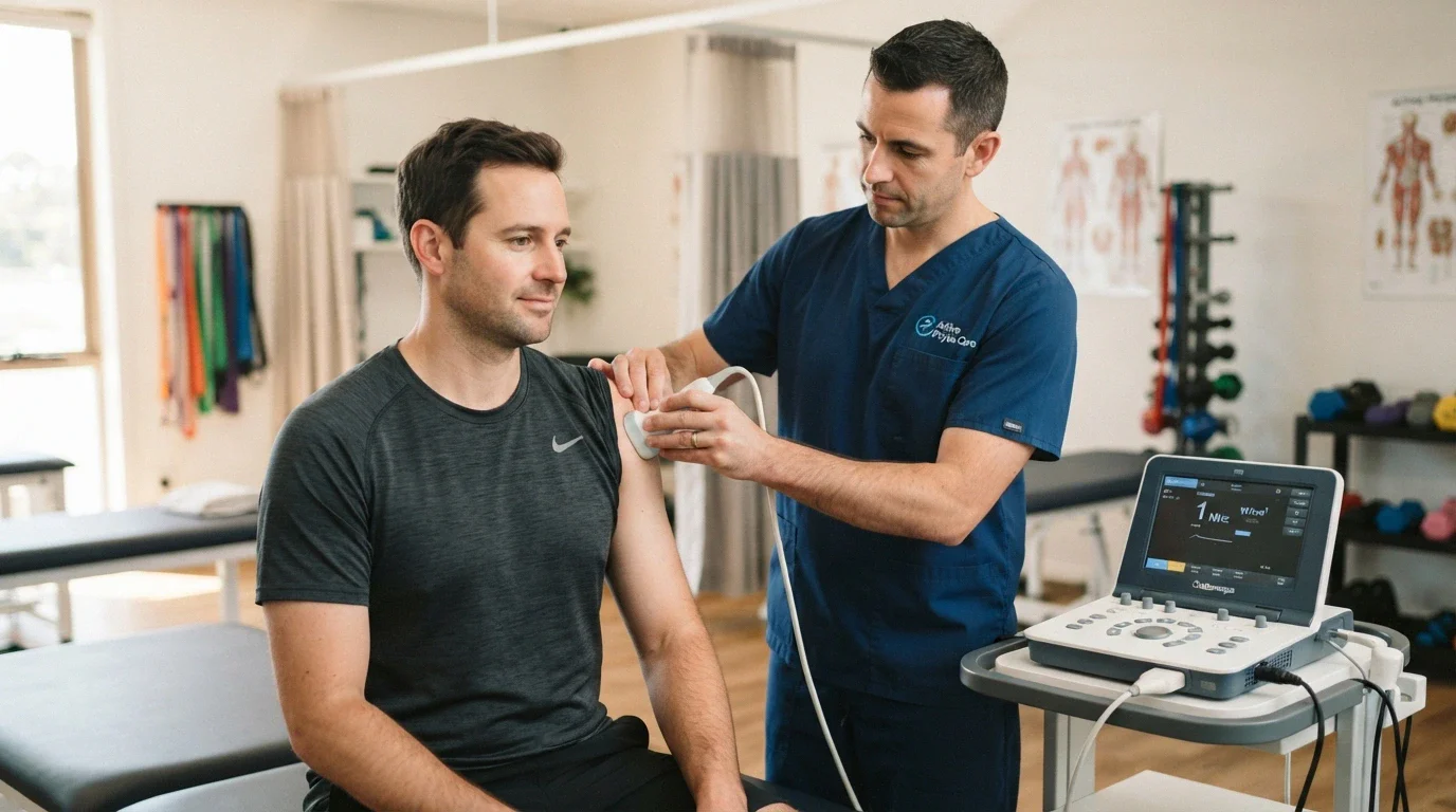 Physiotherapist at Physio Care performing ultrasound therapy on a patient's upper arm in clinic