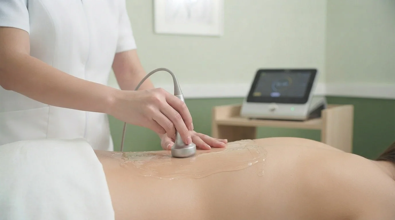 Physiotherapist applying ultrasound therapy to a patient's lower back with a transducer and conductive gel at Physio Care Dubai