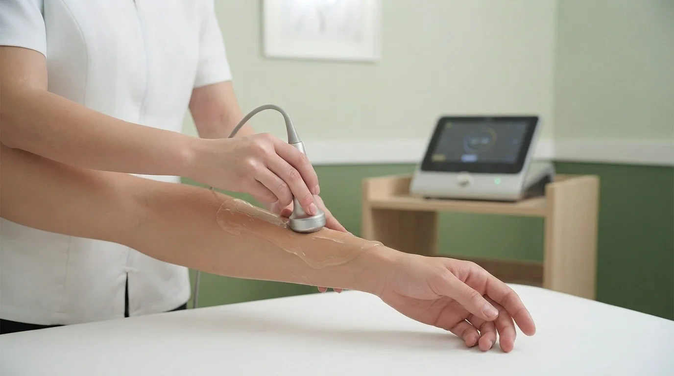 Physiotherapist performing ultrasound therapy on a patient's forearm with a transducer and conductive gel at Physio Care Dubai
