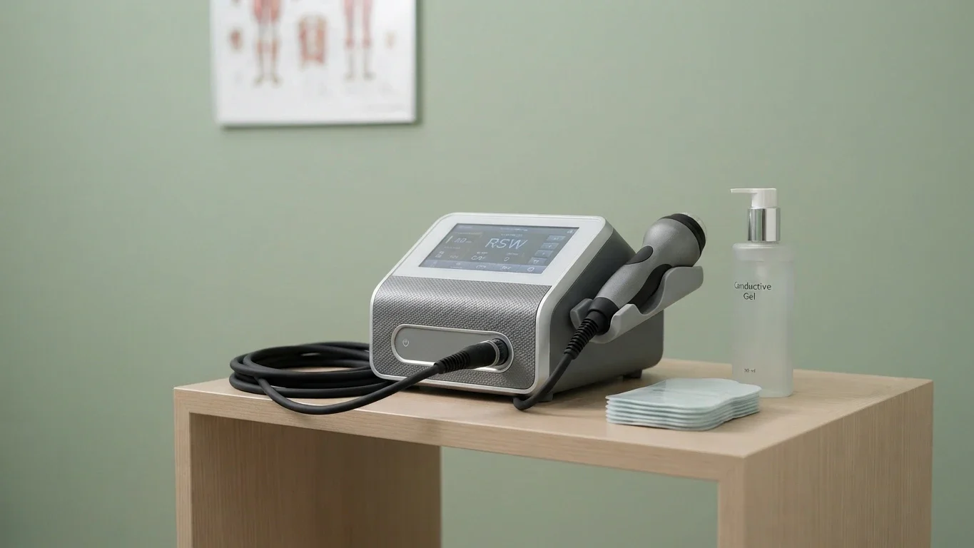 Ultrasound therapy machine with digital display, handheld applicator, and conductive gel on a wooden table at Physio Care Dubai