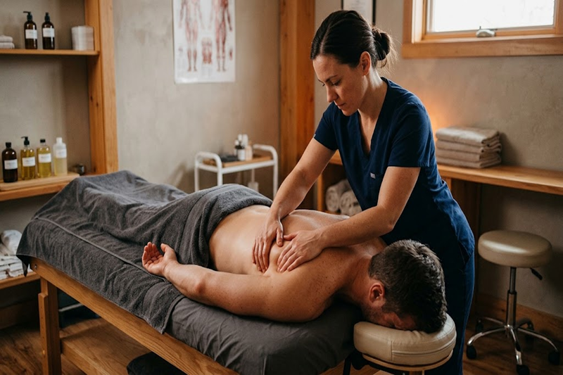 Massage therapy using hands-on techniques for muscle tension