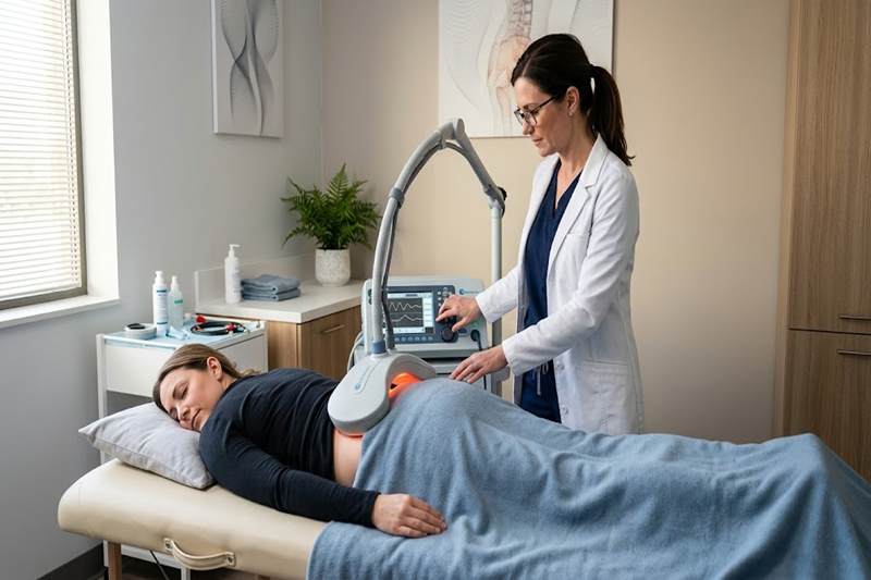 Physiotherapist demonstrating electromagnetic therapy session at Physio Care Dubai