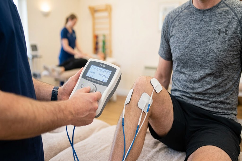 Interferential therapy electrodes on a shoulder